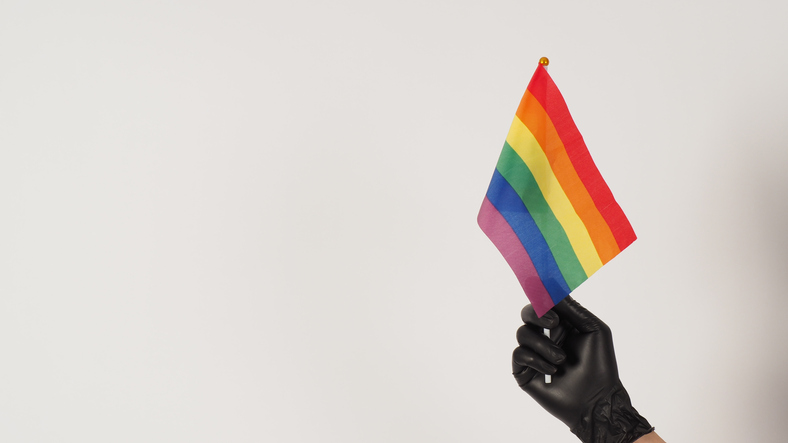 Hands are holding a rainbow flag. Hands are wearing black latex gloves