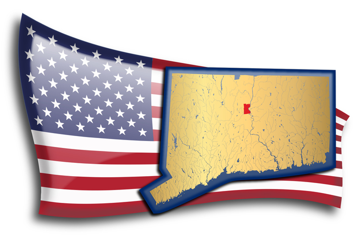 Golden map of Connecticut against an American flag.