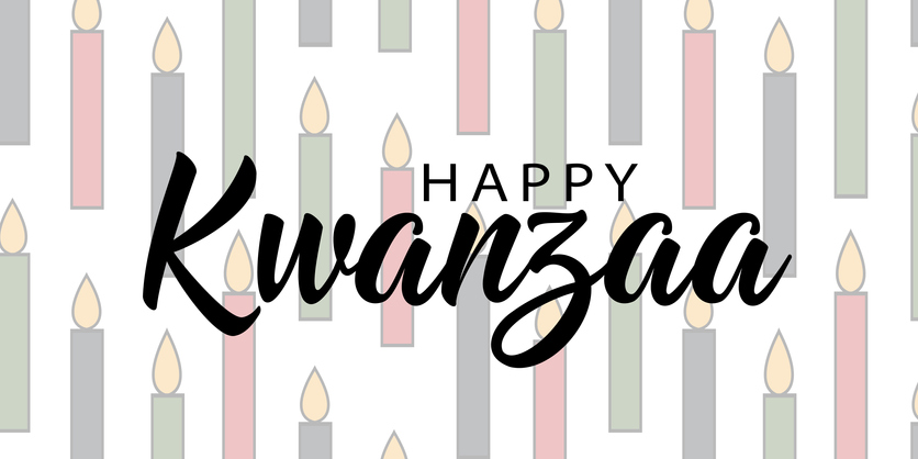 Simple minimalist Kwanzaa horizontal greeting card banner with seamless pattern background with icon of Kwanzaa seven candles. Vector design