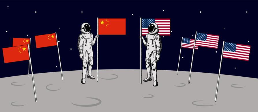 Another side of the moon. Astronaut of China and US flags. Two astronaut flags on the moon.
