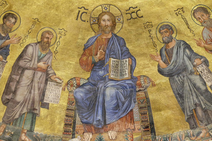 Jesus Christ and the Apostles on a gold background in the basilica of Saint Paul Outside the Walls, Rome, Italy
