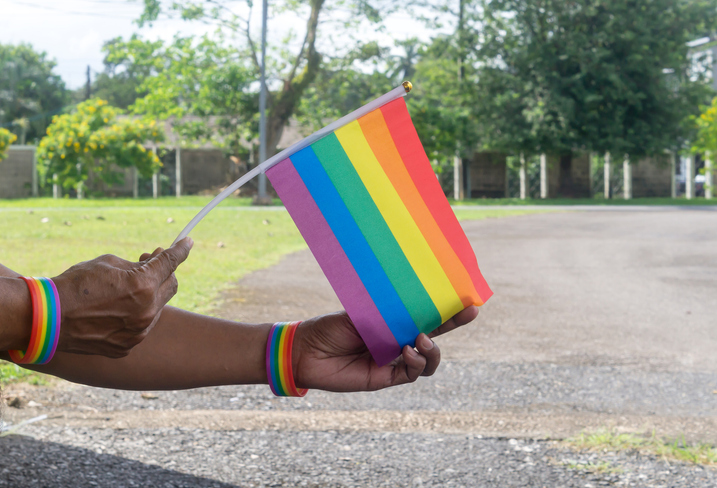 Asian or Thai gay hands wearing lgbtq+ wirstband and holding rainblow flag as sign to protect and support gender diversity on pride month in lgbtq community