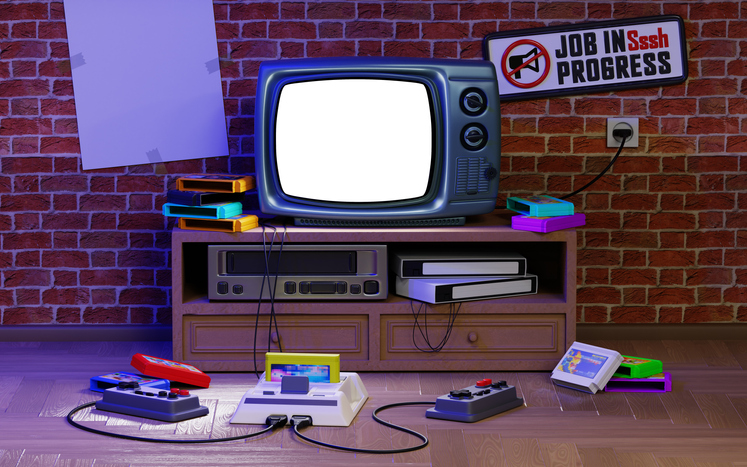 Retro media and room, 90s entertainment. White background on the screen, for your image.