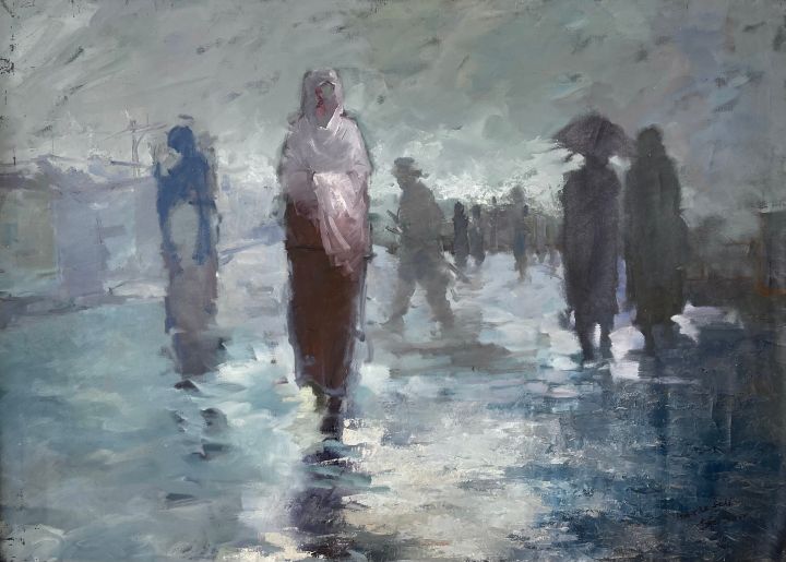 Amare Selfu, 'Walk in the Rain,' 2007, oil on canvas, 43" x 31".