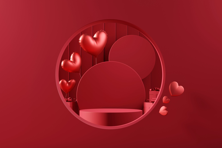 Valentine's day stage podium mock up with heart product display showcase 3d rendering