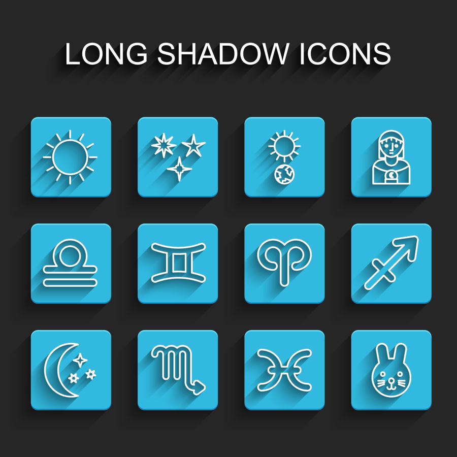 Set line Moon and stars, Scorpio zodiac, Sun, Pisces, Rabbit, Gemini, Sagittarius and Aries icon. Vector