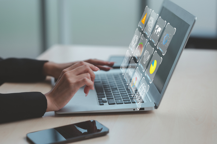 Business woman using computer for webinar, internet education, online learning concept.