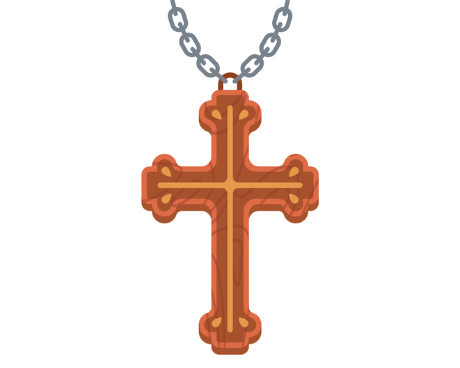 wooden cross on a chain to wear around the neck. flat vector illustration.
