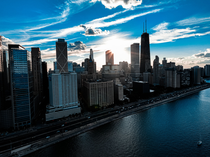 Bird's eye view of the city of Chicago with on a sunny day