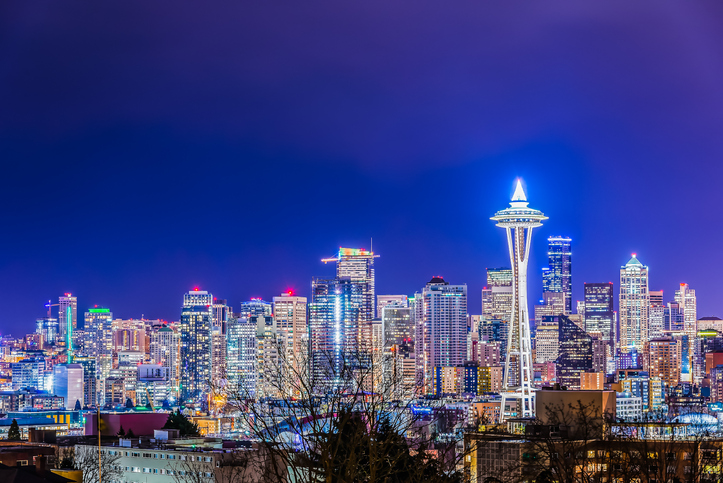scenic view Seattle cityscape in the night time,Washington,USA.