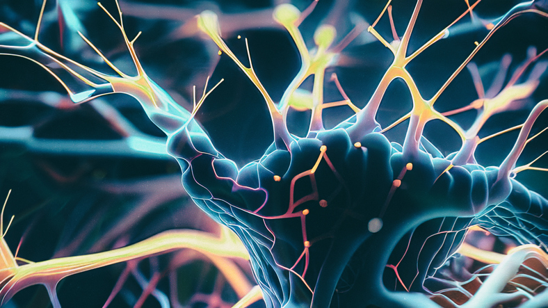 Dark body with luminous branches on a dark background