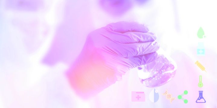 the researchers in safety suit working in laboratory while looking Ingredients of the new drug in vitro with illustration organ lab equitment