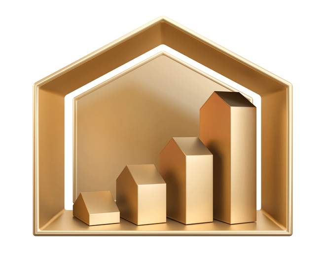 Gold House chart icon, concept saving money for buying a house, investment mortgage finance, and home loan refinance financial plan home loan, clipping path, 3D rendering
