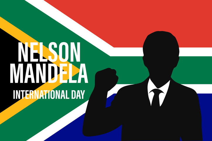 Nelson Mandela National Day. July 18.Silhouette of Mandela on the South African flag. Illustration, banner