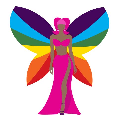 An elegant drag queen in dark pink dress with rainbow butterfly shape wing for LGBTQ+ concept and for equality and diversity supporting