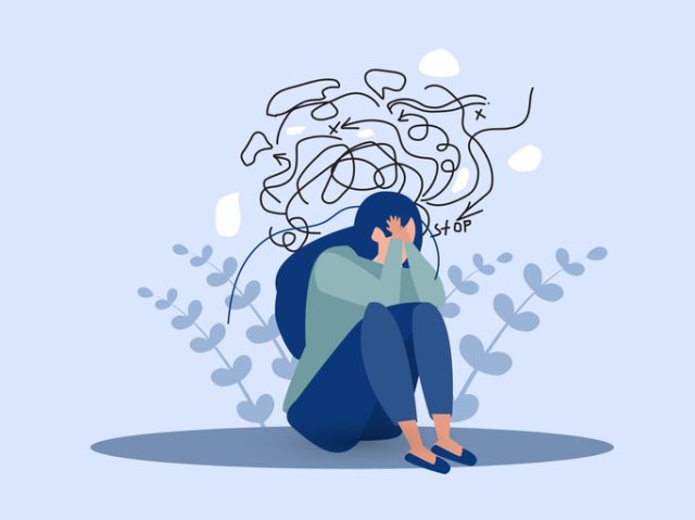 woman suffers from obsessive thoughts; headache; unresolved issues; psychological trauma; depression.Mental stress panic mind disorder illustration Flat vector illustration.