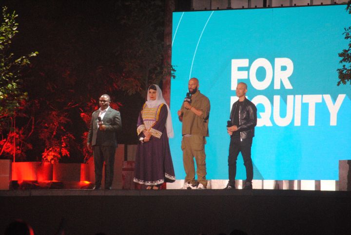 (L to R) Congolese human rights defender Olivier Bahemuke Ndoole, Afghan educator Pashtana Durrani, rapper/actor Common and journalist Vladimir Duthiers at Global Citizen Festival 2023