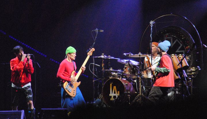 (L to R) Anthony Kiedis, Flea, Chad Smith and John Frusciante of Red Hot Chili Peppers close the show at Global Citizen Festival 2023