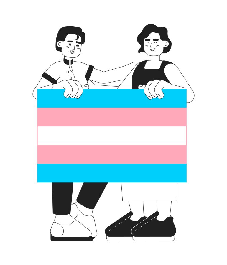 Transgender people support each other monochromatic flat vector characters