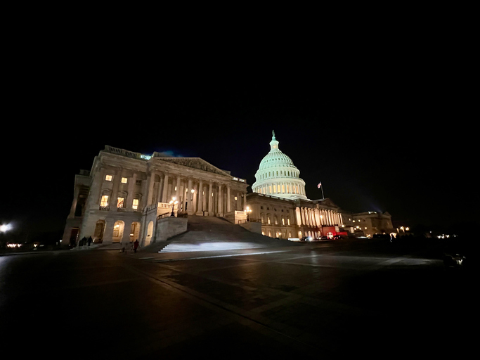 United States Capitol Building at night. From the House side.