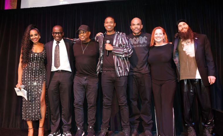 (L to R) Janell Snowden, Dr. Olajide Williams, Chuck D, Doug E. Fresh, Darryl McDaniels, Lori Rose Benson and DJ FLO