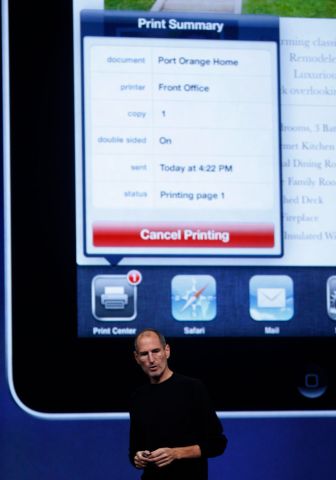 CEO Steve Jobs introduces a new wireless printing feature that will be available on the Apple iPad at the Yerba Buena Center for the Arts in San Francisco, Calif. on Wednesday, Sept. 1, 2010