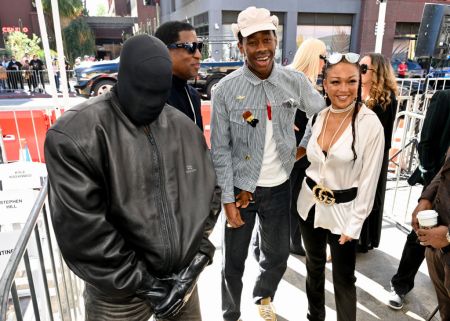 (L to R) Kanye West, Babyface, Tyler, the Creator and Chanté Moore attend Charlie Wilson's Hollywood Walk of Fame ceremony