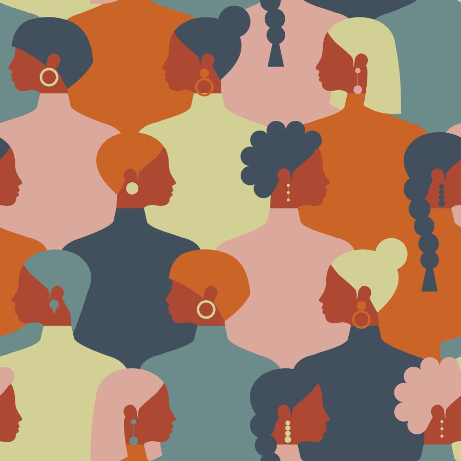 Women of different nationalities together form a seamless people pattern for textiles. Vector.