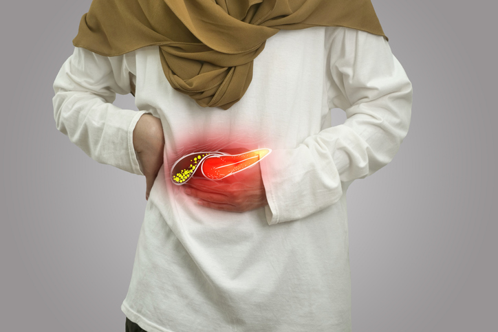 Digital composition of human gallbladder stone with highlighted red inflammation on sick person, woman with stomach pain, health and medical