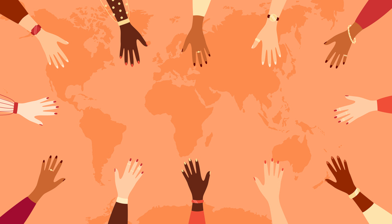 Outstretched hands of women of different nationalities on the background of a world map, copy space. Vector illustration in flat style
