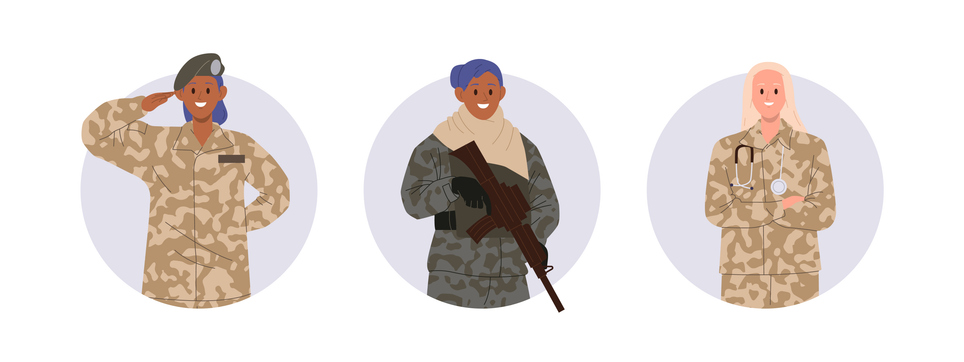 Brave military woman cartoon characters serving in army special forces isolated round composition