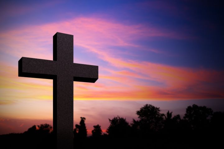 Cross Christian God Religion on Sunset Background, Jesus Church Worship Pray Catholic Grace Christ, Symbols Christ Love Holy Spiritual Hope Peach Victory Spirit Mditation Catholicism Crucifix Trush.