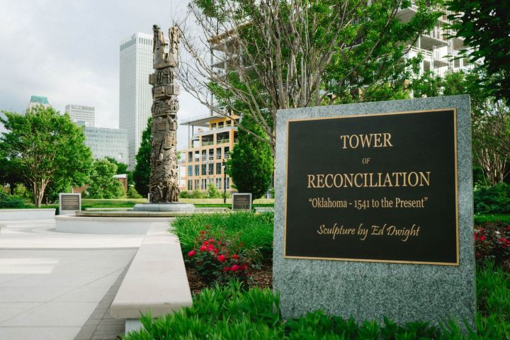 A monument signifying the Tower Of Reconciliation in Tulsa