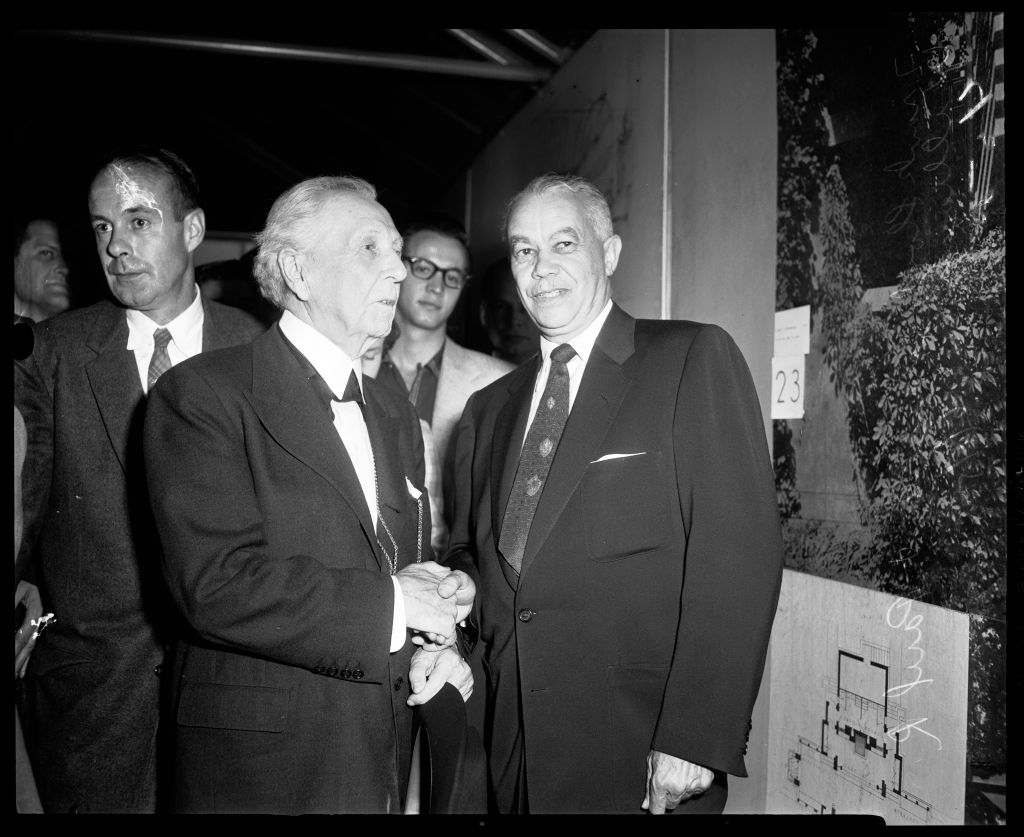 60 Years of Living Architecture" premiere of exhibit in new Los Angeles Municipal Art Center at Barnsdall Park, 1954