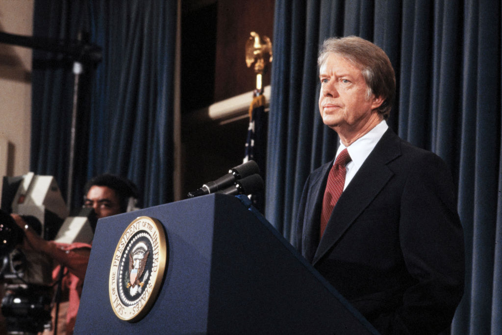 U.S. President Jimmy Carter at podium during news conference, Washington D.C., USA, Bernard Gotfryd, between 1977 and 1981