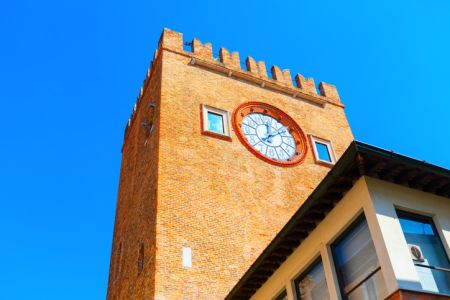 Brick Building With Tower Clock. Clock Tower In Mestre From Venice Italy