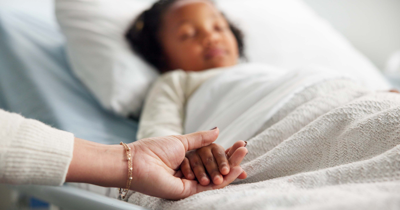 Healthcare, holding hands and parent or child in hospital bed for icu recovery, immune system rehabilitation and family. Medical, pediatrician treatment and support with people in clinic for love