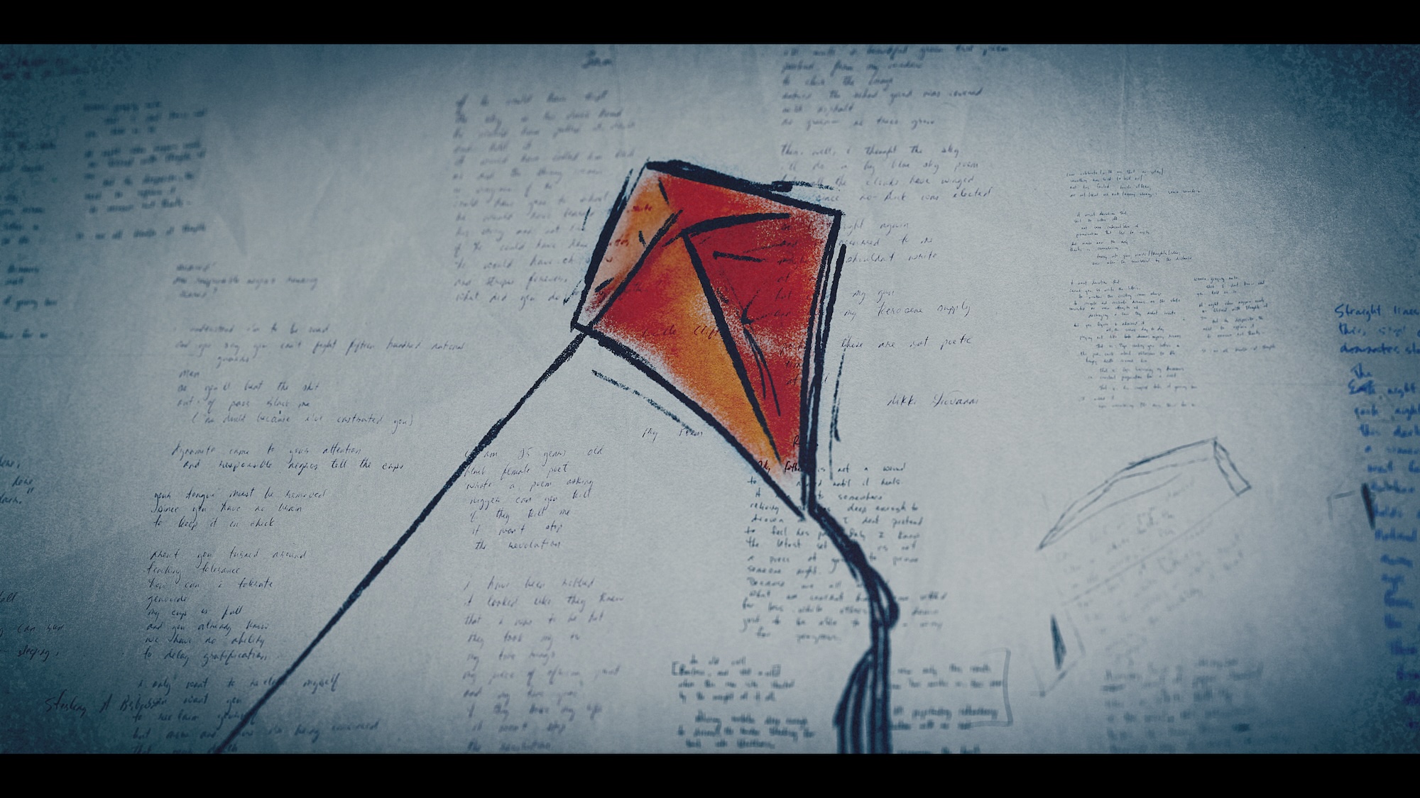A hand-drawn sketch of a kite with red and orange geometric shapes against a background of handwritten notes and diagrams.