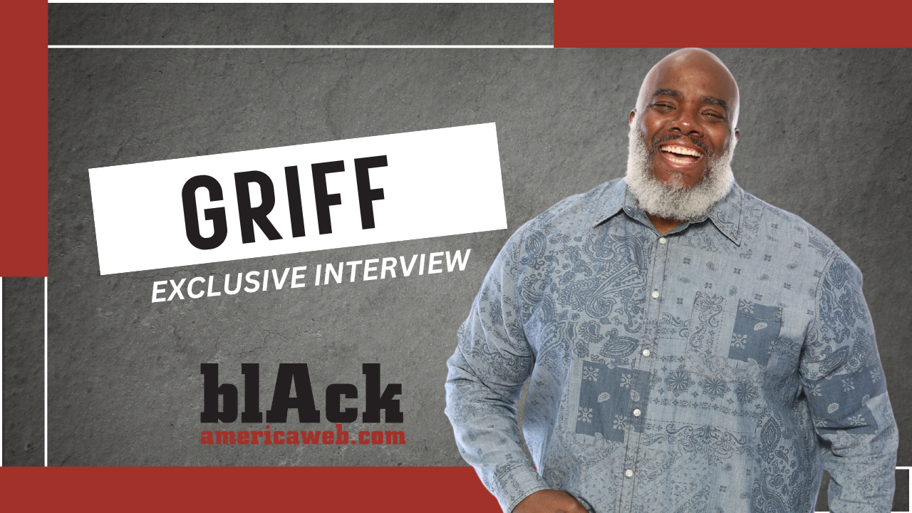 A smiling man with a gray beard wearing a patterned shirt, standing in front of a gray and red background with the text "GRIFF EXCLUSIVE INTERVIEW" and "blackamericaweb.com".
