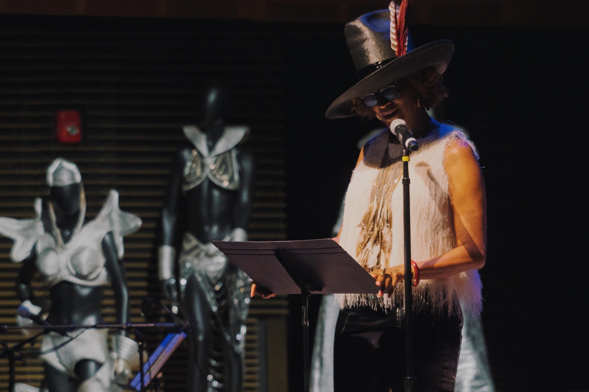 A person wearing a cowboy hat and fringe jacket performing on stage with a microphone.