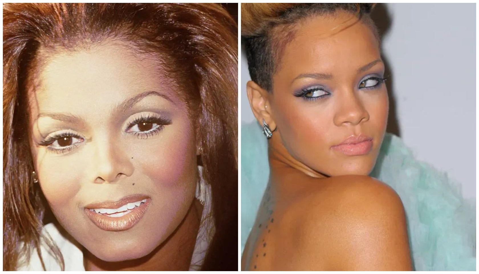Two portraits of female entertainers, one with long brown hair and the other with short dark hair, both wearing makeup and looking directly at the camera.