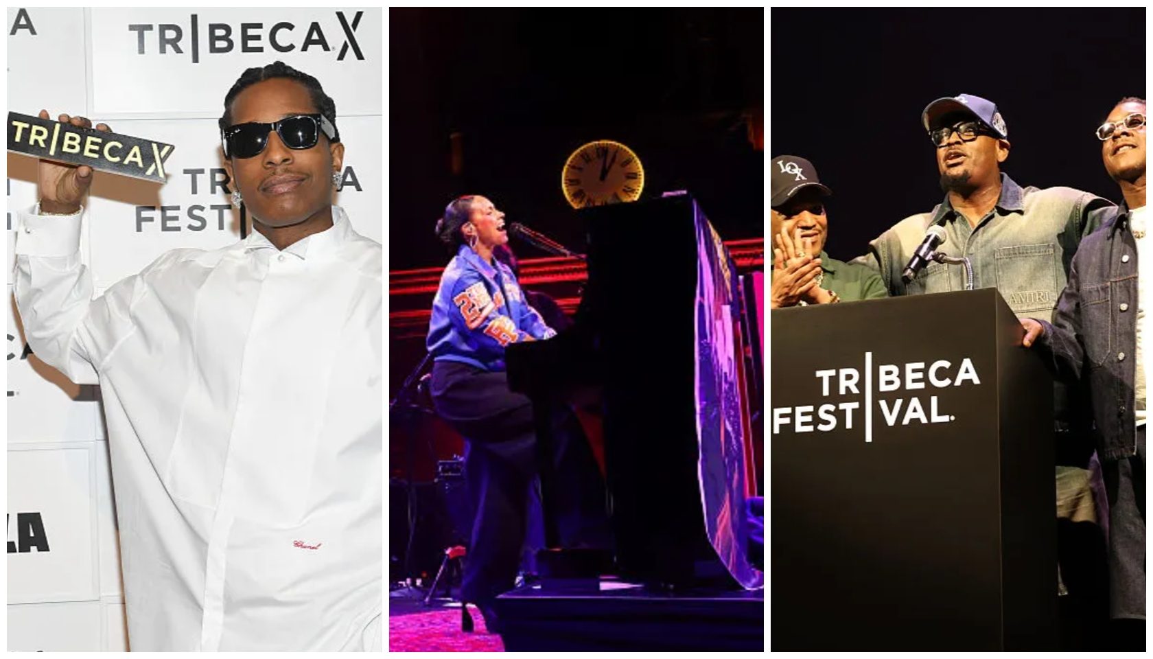 A collage of 3 images: 1) A man in sunglasses posing at the Tribeca Film Festival, 2) A performer on stage at the Tribeca Festival, 3) Several men on stage at the Tribeca Festival.
