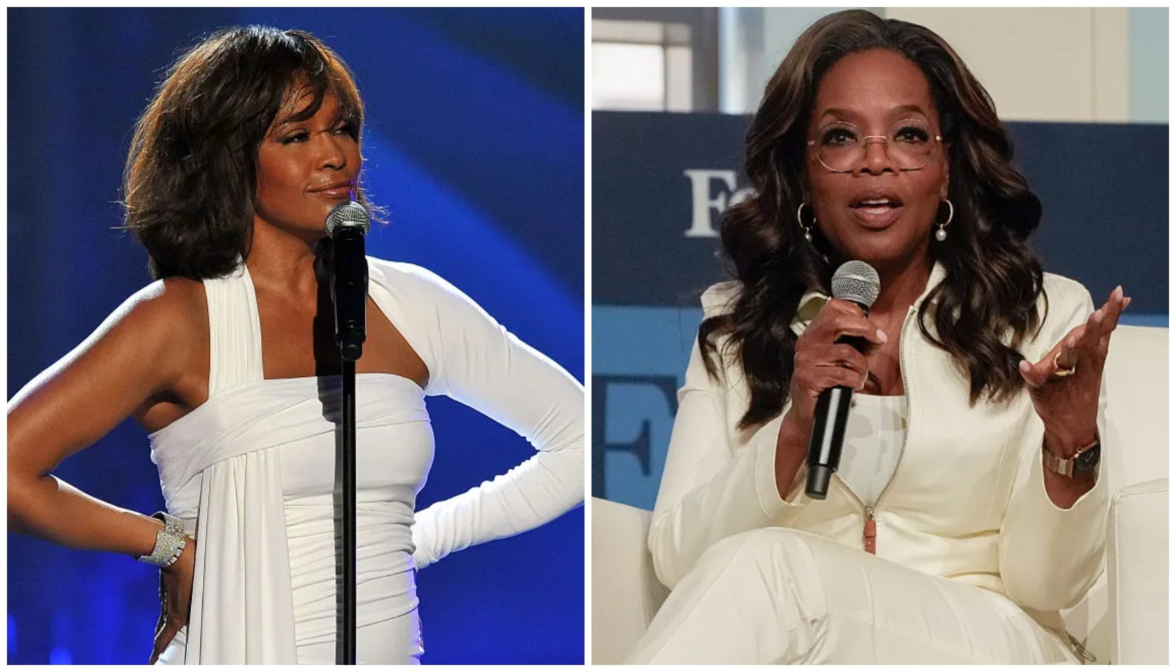 Two images of a woman speaking into a microphone on a stage. The woman has long dark hair and is wearing a white outfit. The background is blue in one image and a studio setting in the other.