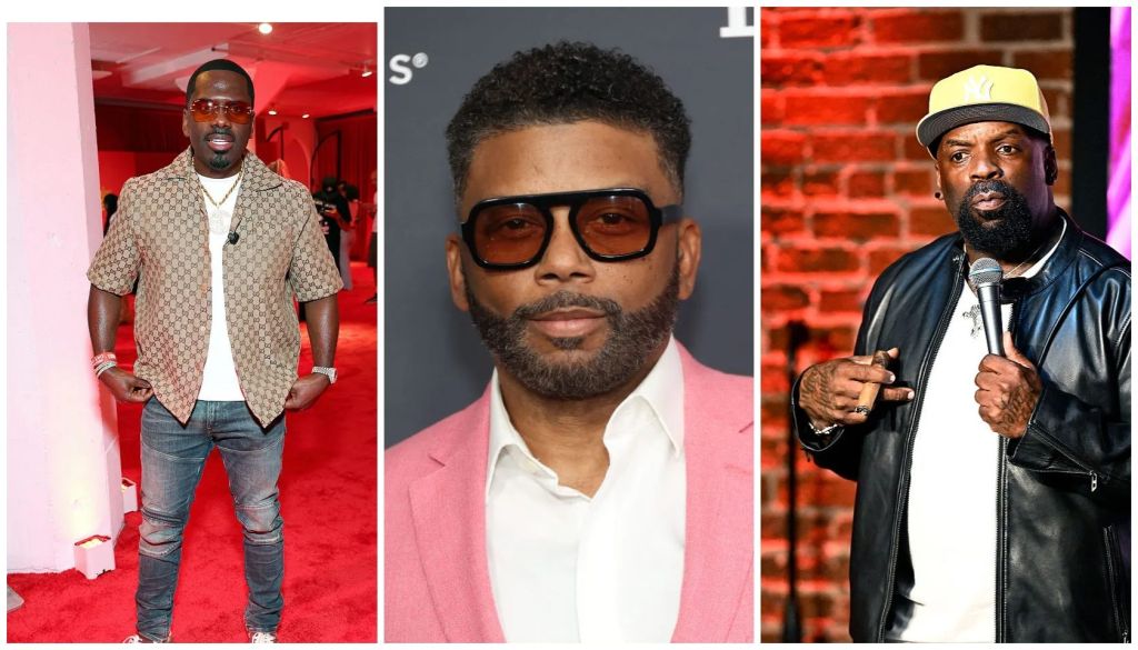 Three images of a Black man: one wearing a patterned shirt, one in a suit with sunglasses, and one holding a microphone on stage.