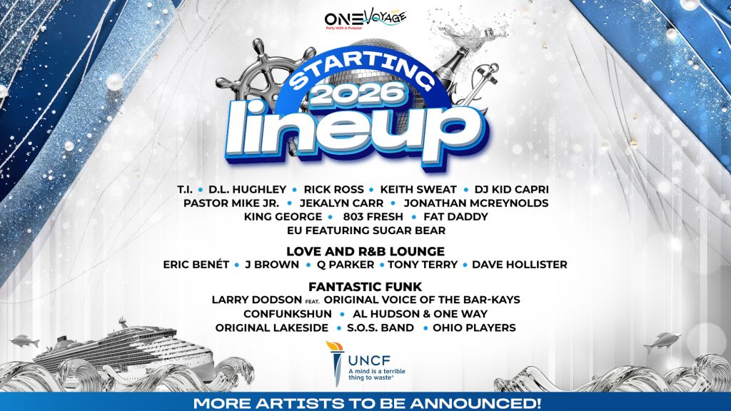 A cruise ship-themed music festival poster with the event name "Starting Lineup 2026" and a list of musical acts including T.I., Rick Ross, and DJ Kid Capri.