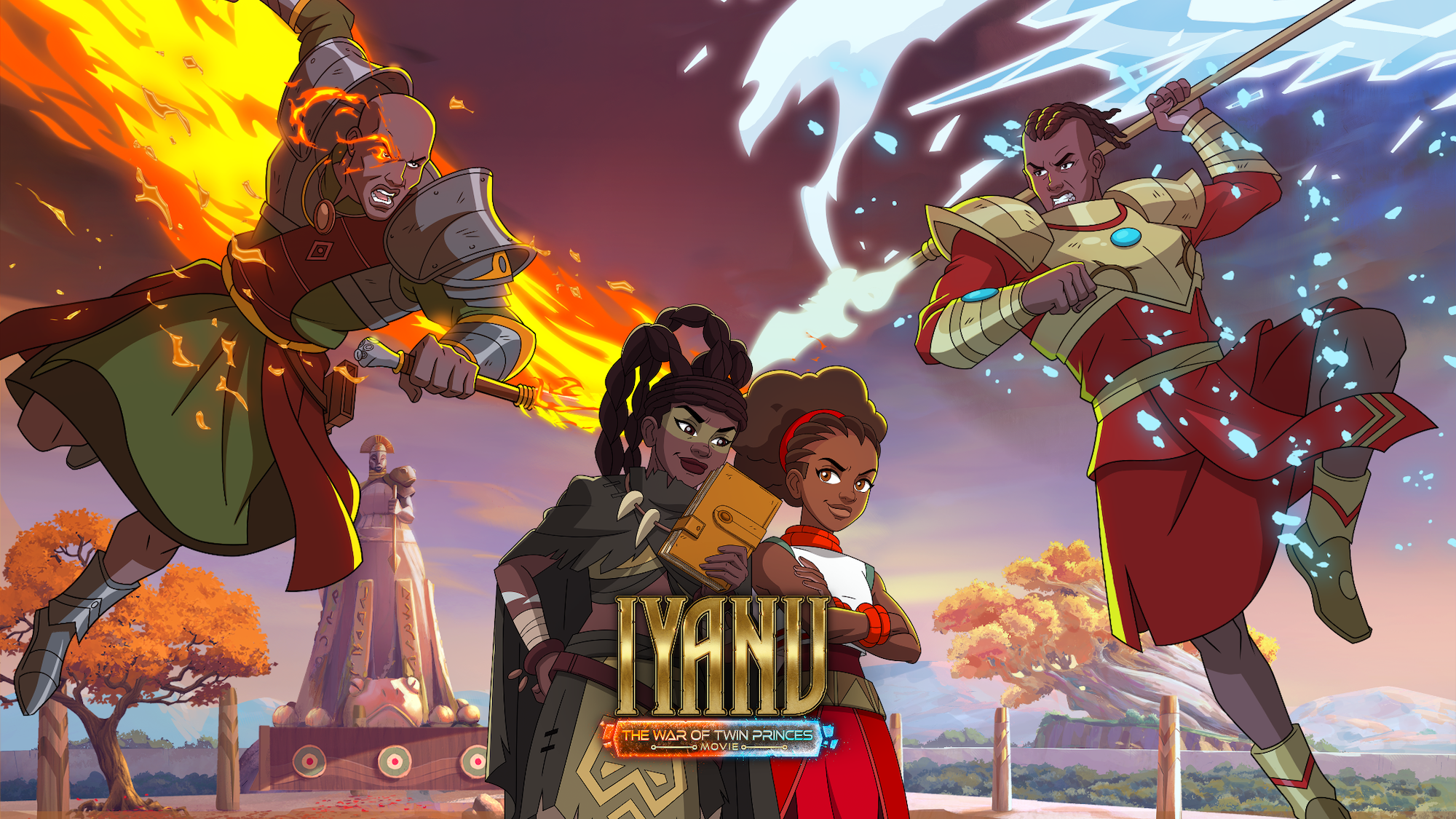 Animated fantasy scene with characters in combat, including a woman with a book and two armored figures, against a backdrop of a city and fiery explosions.