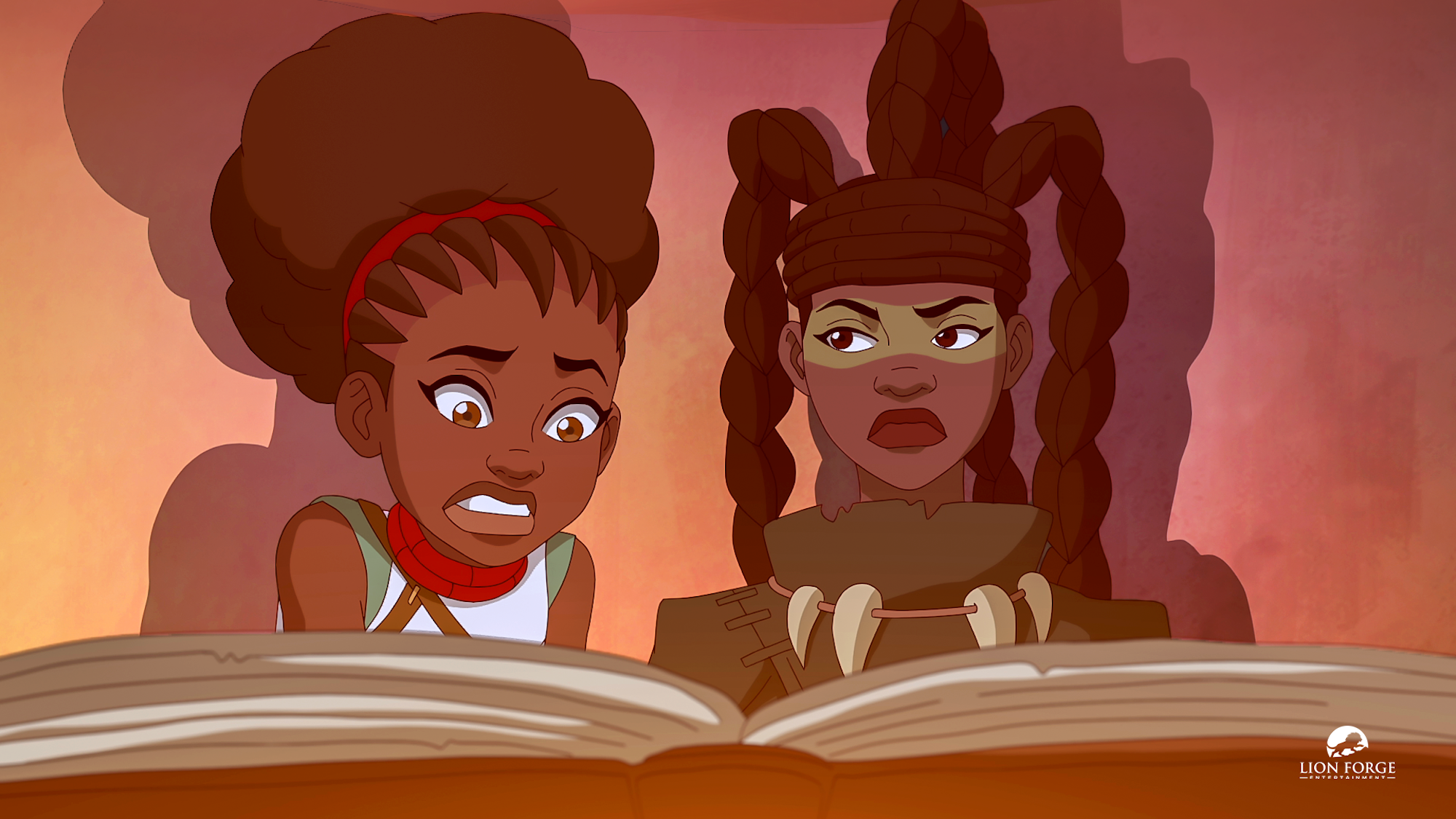 Two young girls, one with braids and the other with an afro, intently reading from an open book against a colorful background.