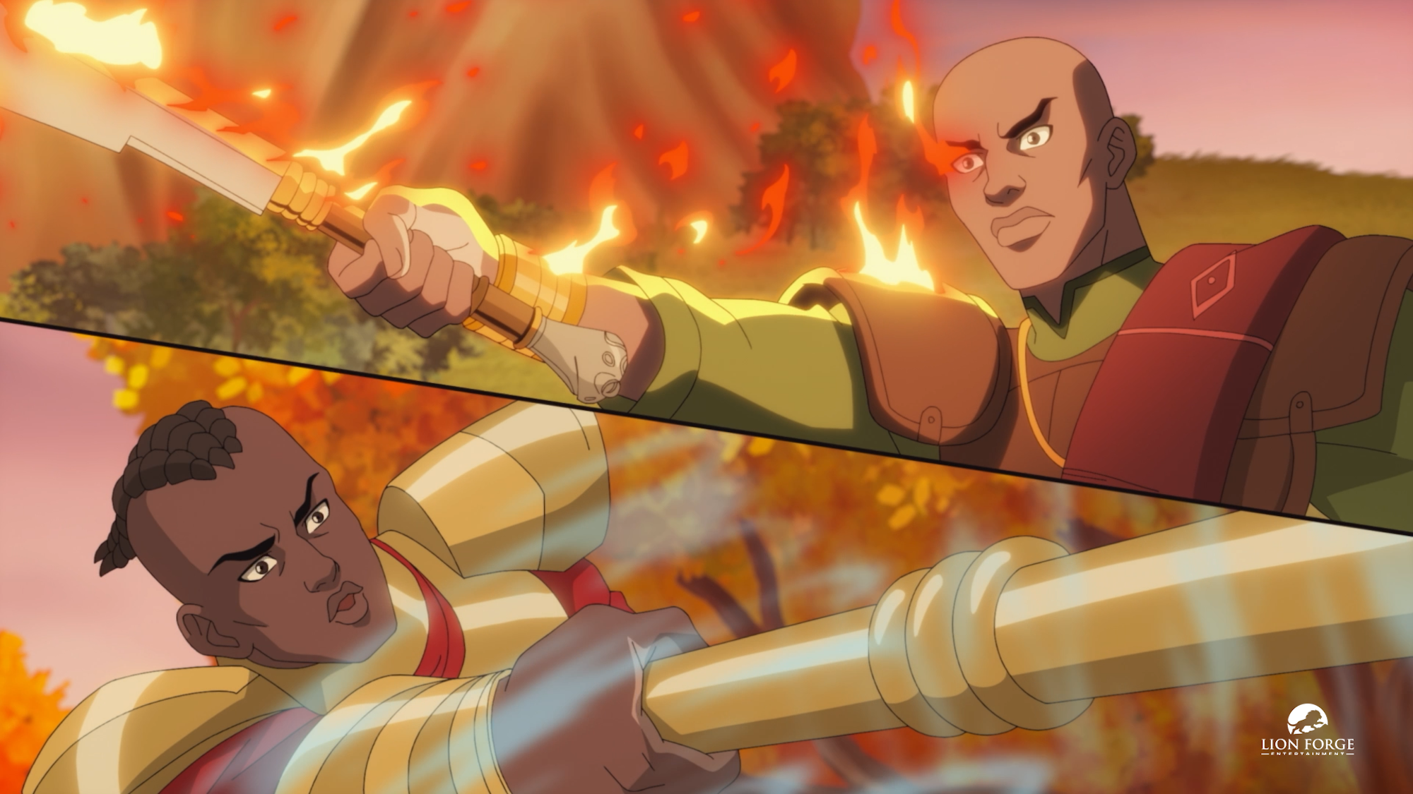 Two animated characters in combat, one wielding a glowing sword, against a fiery, explosive backdrop.
