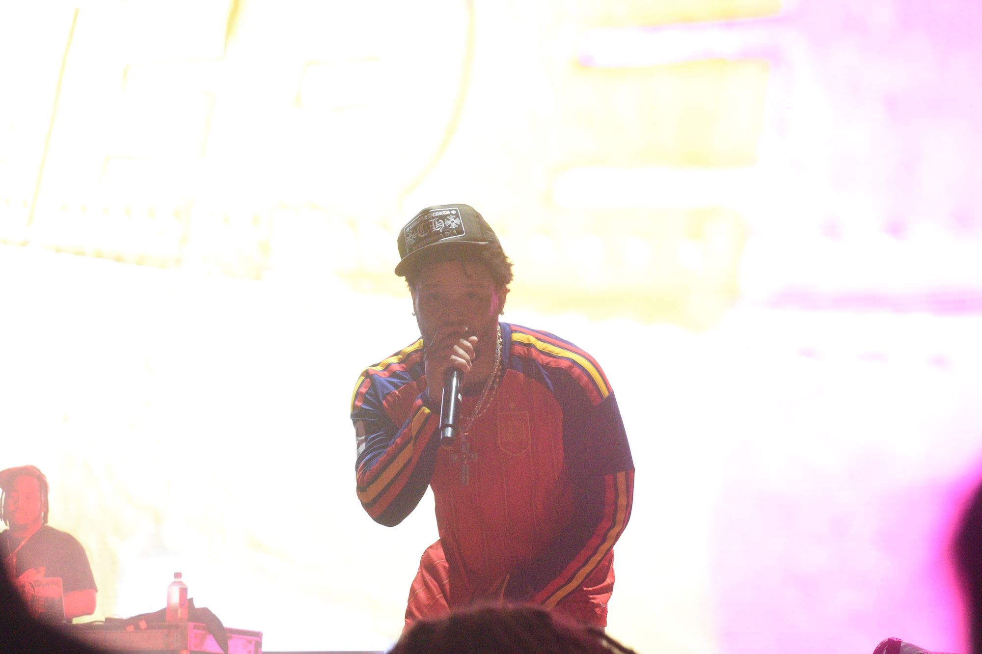 A person wearing a red shirt and a baseball cap is performing on stage, holding a microphone.