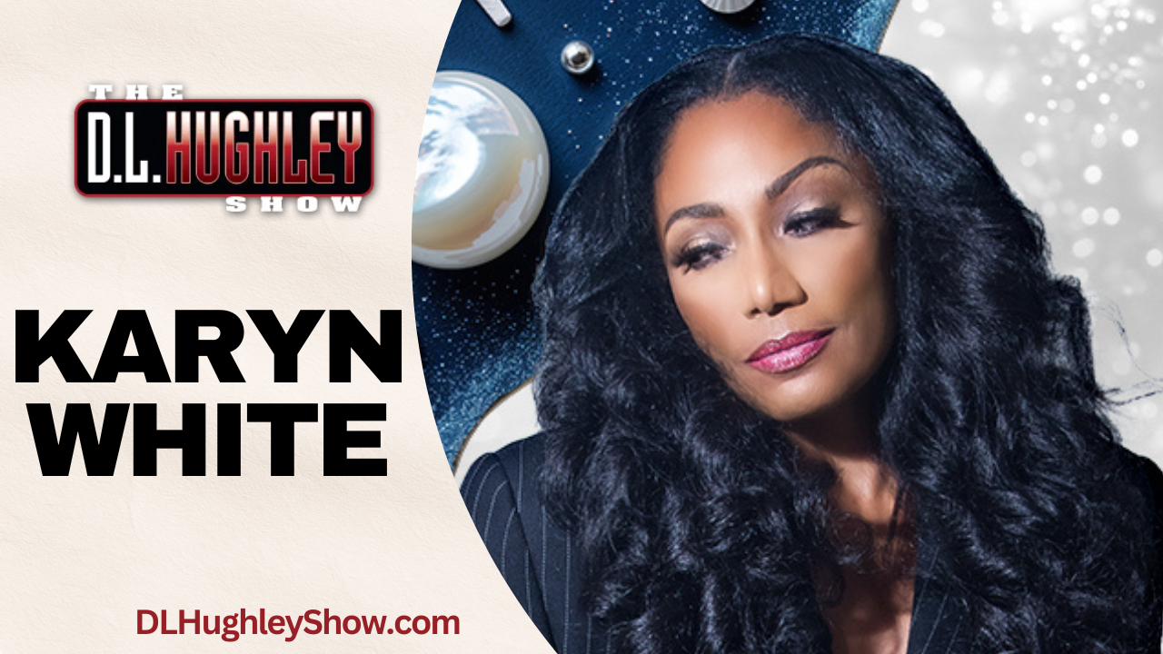 A woman with long, dark curly hair wearing a black jacket against a snowy, starry background. The text "The D.L. Hughley Show" and "Karyn White" are displayed.